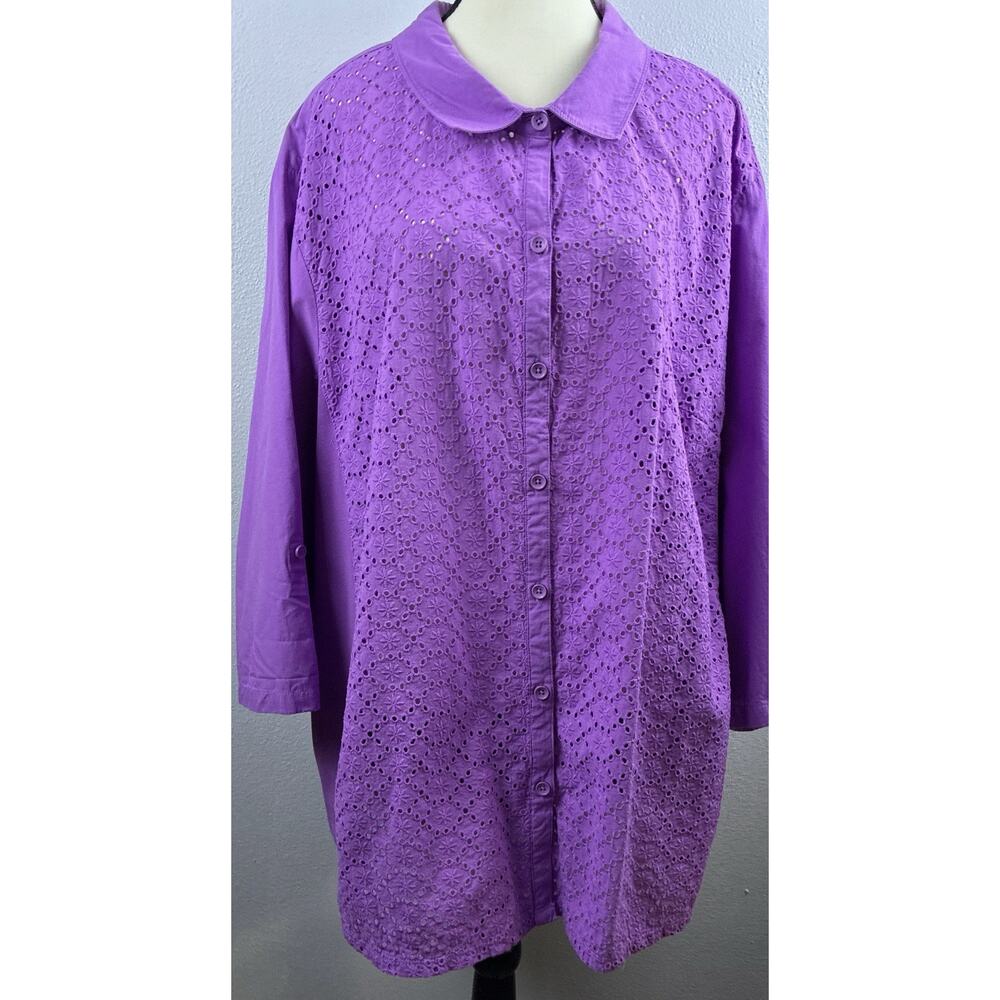 Catherine’s Sz 4X Purple Eyelet Stretch Side Panel Button Up LS Feminine Blouse